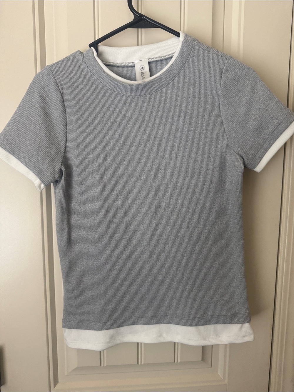 Grey Ribbed Short Sleeve Tee with White Trim - Classic Everyday Top